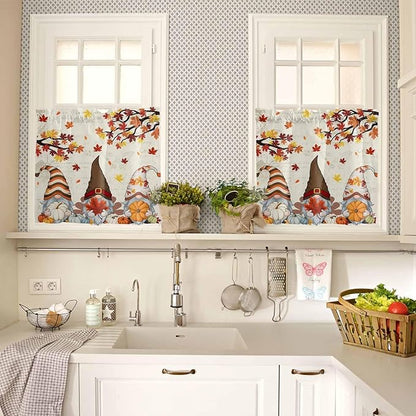 Fall Kitchen Curtain Set, Thanksgiving Gnomes Maple Leaf Pumpkin Beige Window Valance and Tiers 36" Length, Light Filtering Short Curtains Valance for Cafe Bathroom Bedroom 54"x18"
