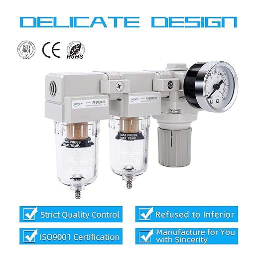 NANPU DFR-02 1/4" NPT Air Drying System - Double Air Filters, Air Pressure Regulator Combo - Semi-Auto Drain, Poly Bowl