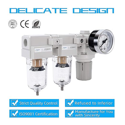 NANPU DFR-02 1/4" NPT Air Drying System - Double Air Filters, Air Pressure Regulator Combo - Semi-Auto Drain, Poly Bowl