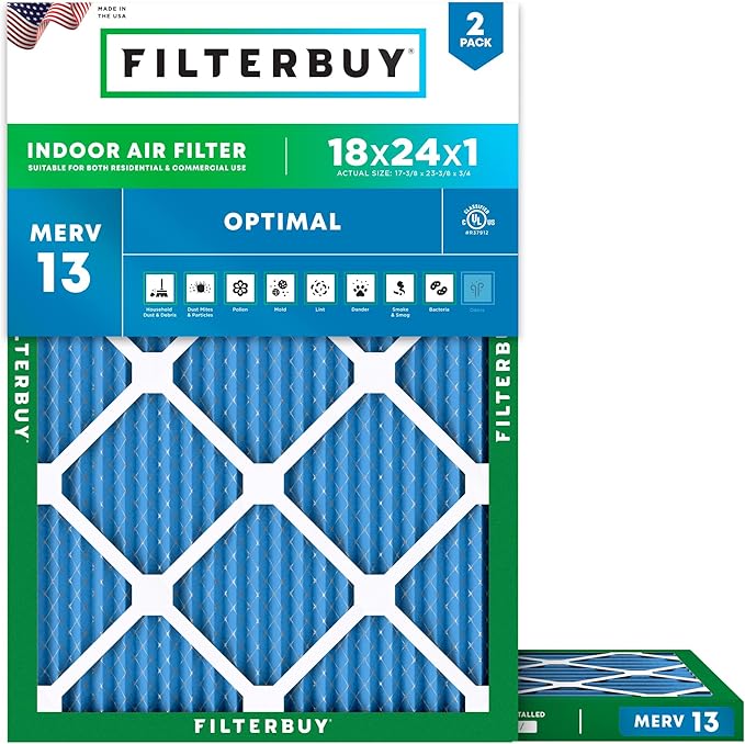 Filterbuy 18x24x1 Air Filter MERV 13 Optimal Smoke & Allergy Defense (2-Pack), Electrostatic Pleated HVAC AC Furnace Filters Replacement, Made in USA (Actual Size: 17.38 x 23.38 x 0.75)