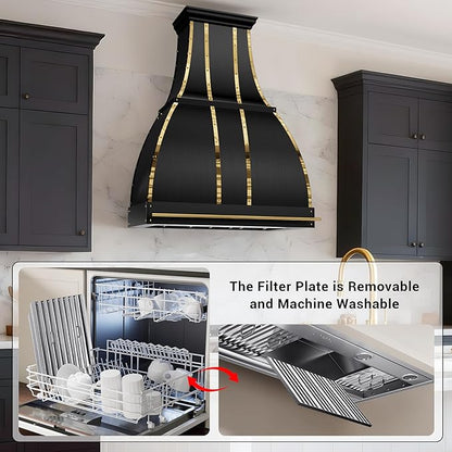 CHETTO C Stainless Steel Range Hood Cover with 4-Speed Vent Hood Insert Custom Handmade Metal Kitchen Fan with Towel Rack LED Light 36"W x21"D x45"H Black Wall Mount