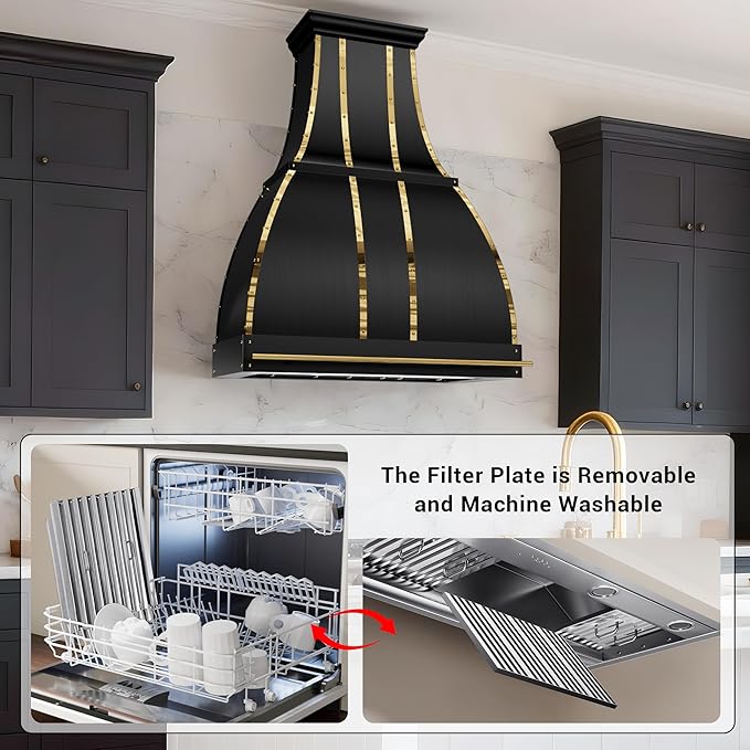 CHETTO C Stainless Steel Range Hood Cover with 4-Speed Vent Hood Insert Custom Handmade Metal Kitchen Fan with Towel Rack LED Light 36"W x24"D x42"H Black Wall Mount