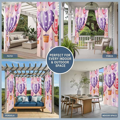 Hot Air Balloons Waterproof Outdoor Curtains for Patio,Windproof Weatherproof Curtains with Weighted Hem,Valentine's Day Watercolor Love Balloons Light Filtering Privacy Drapes 54"x 84" 2 Panels