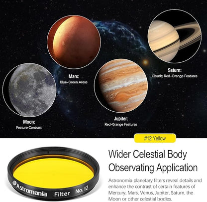 Astromania Telescope Filter, Planetary Filter with Metal Frame for Astronomical Telescope Eyepiece, 2 Inch Telescope #12 Yellow Color Filter for Enhancing Contrast in Lunar Planetary Observation