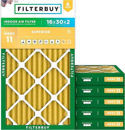 Filterbuy 16x30x2 Air Filter MERV 11 Superior Pet & Allergy Defense (6-Pack), Electrostatic Pleated HVAC AC Furnace Filters Replacement, Made in USA (Actual Size: 15.69 x 29.69 x 1.75)