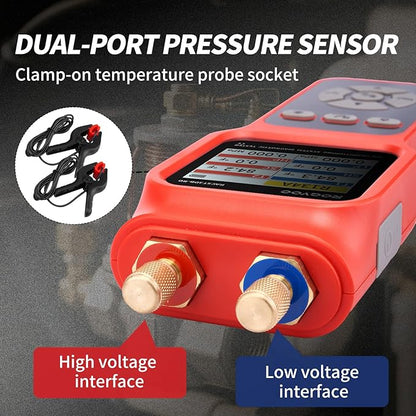 Digital Manifold Pressure Tester Gauge for HVAC, 2-Way AC Pressure Gauges with 2 Thermometer Clamps and 2 Hoses for Air Conditioner Performance Testing