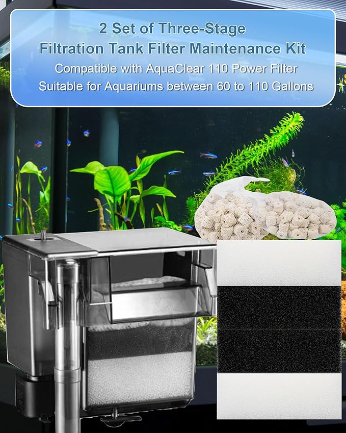 2 Set of 3-Stage Filtration Replacement for Fluval AquaClear 110/500 Filter Media Kit with Ceramic Media, Carbon, Foam, Filter Media Kit for 60-110 Gallon Fish Tank Aquariums