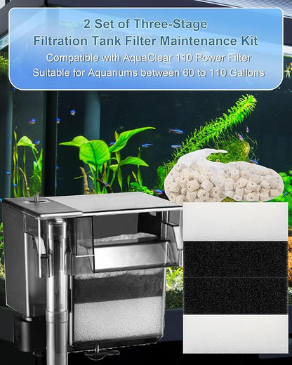 2 Set of 3-Stage Filtration Replacement for Fluval AquaClear 110/500 Filter Media Kit with Ceramic Media, Carbon, Foam, Filter Media Kit for 60-110 Gallon Fish Tank Aquariums