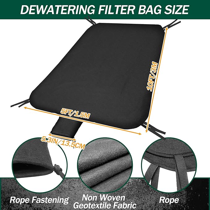 5 x 10ft Dewatering Bags with Drawstring Extra Large Dewatering Filter Bag Silt Oil Sludge Sediment Filter Bag Non Woven Geotextile Fabric Filter Bags for Construction Sites Dredging