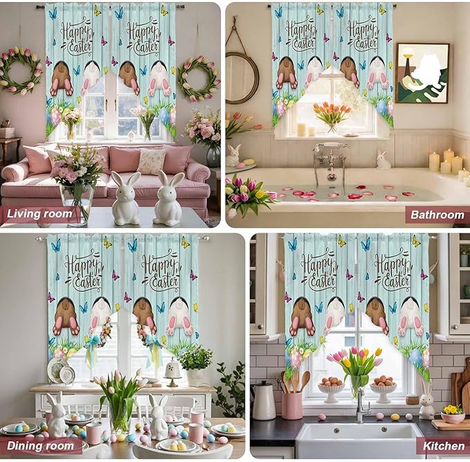 Swag Curtain Valances for Kitchen Windows,Happy Easter Bunny Butt Egg Floral Short Rod Pocket Window Valance,Spring Plant on Aqua Wood Swag Topper for Bedroom Living Room,2 Panels 36x45in