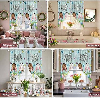 Swag Curtain Valances for Kitchen Windows,Happy Easter Bunny Butt Egg Floral Short Rod Pocket Window Valance,Spring Plant on Aqua Wood Swag Topper for Bedroom Living Room,2 Panels 36x45in
