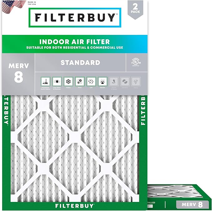 Filterbuy 17x21x1 Air Filter MERV 8 Essential Dust & Allergy Defense (2-Pack), Electrostatic Pleated HVAC AC Furnace Filters Replacement, Made in USA (Actual Size: 16.50 x 20.50 x 0.75)