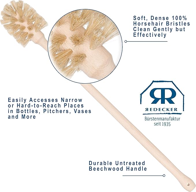 REDECKER Extra Long Bottle Brush Cleaner - Horsehair and Beechwood Handle for Vases, Pitchers, Mugs, and Baby Bottles, 16-1/2 Inch, Dense Natural Bristles - Long Handle Horse Hair Brushes