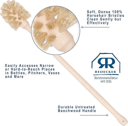 REDECKER Extra Long Bottle Brush Cleaner - Horsehair and Beechwood Handle for Vases, Pitchers, Mugs, and Baby Bottles, 16-1/2 Inch, Dense Natural Bristles - Long Handle Horse Hair Brushes