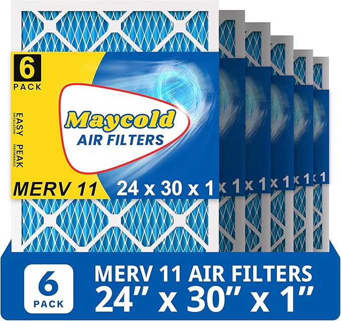 Maycold 24x30x1 MERV 11 Furnace Air Filter (6-Pack), High-Performance HVAC AC Filters for Home Use, Actual Size: 23.70” x 29.70” x 0.75”, Individually Wrapped in Plastic