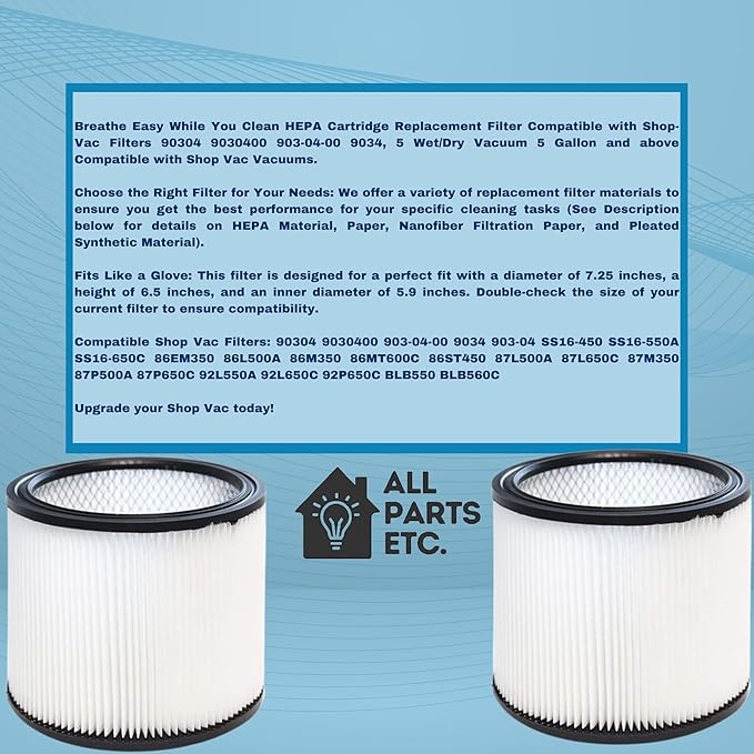 HEPA Cartridge Replacement Filter Compatible with Shop-Vac Filters 90304 9030400 903-04-00 9034, 5 Wet/Dry Vacuum Cleaners 5 Gallon and above.