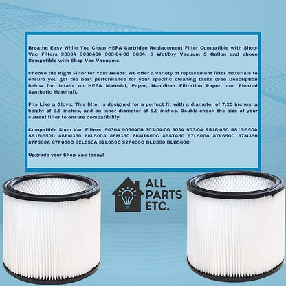 HEPA Cartridge Replacement Filter Compatible with Shop-Vac Filters 90304 9030400 903-04-00 9034, 5 Wet/Dry Vacuum Cleaners 5 Gallon and above.