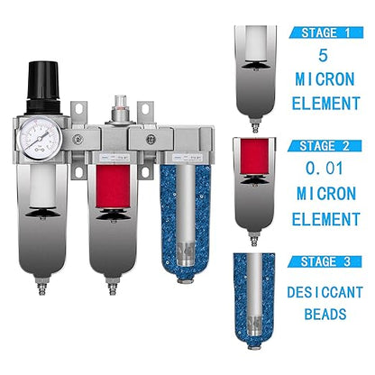 NANPU 3/4" NPT Industrial Grade 3 Stage Air Drying System - Particulate Filter, Coalescing Filter, Desiccant Dryer & Air Regulator, Metal Bowl, Manual Drain, Suitable for Paint Spray＆ Plasma Cutter