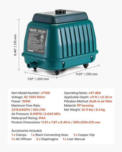 VEVOR Commercial Linear Air Pump 2219 GPH | High Output Aerator for Septic Tanks, Large Pond Aeration, Wastewater Treatment Systems | Up to 11ft Deep for Fish Farms, Hydroponics, Restaurants