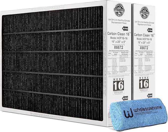 Lennox X6672 Healthy Climate 16x25x5 Furnace Filter, Merv 16 Carbon Clean Home Air filter for HVAC system 2 Pack with Cleaning Cloth