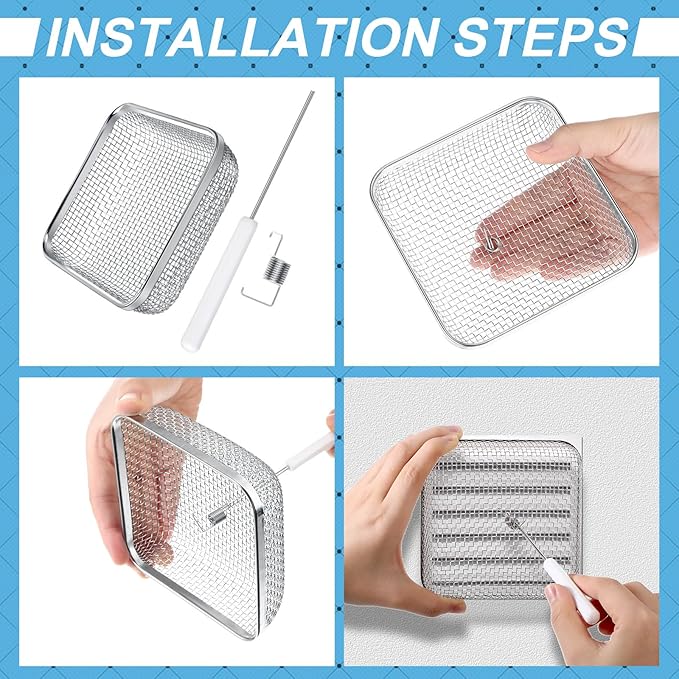 TOODOO 4 Pack RV Furnace Vent Cover, RV Flying Insect Screen for RV Water Heater Vent Cover (8.5 x 6 Inch)(4.5 x 4.5 Inch) (2.8 Inch) Stainless Steel Mesh with Installation Tool