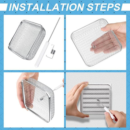 TOODOO 4 Pack RV Furnace Vent Cover, RV Flying Insect Screen for RV Water Heater Vent Cover (8.5 x 6 Inch)(4.5 x 4.5 Inch) (2.8 Inch) Stainless Steel Mesh with Installation Tool