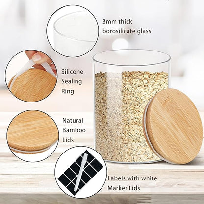 Glass Storage Jars Set Elegant Containers with Airtight Bamboo Lids, Perfect for Kitchen Organization - Flour, Rice, Pasta, Sugar, Coffee Beans, Accessories Included (2 packs(111oz))
