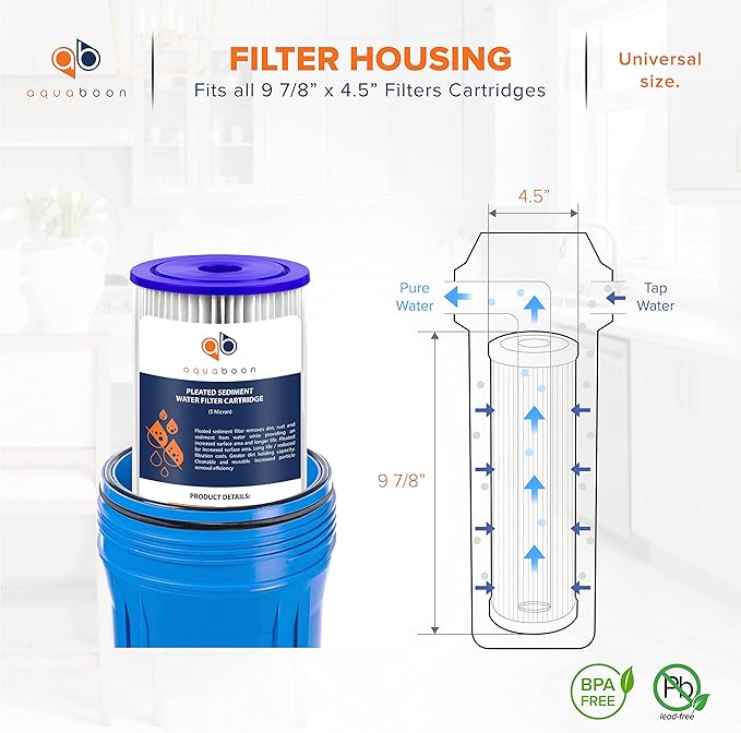 Aquaboon 5 Micron Pleated Sediment Water Filter 10 x 4.5 Cartridge - Whole House Water Filter Replacement - Whole House Water Filters Cartridges Compatible with Well Filters FXHSC, R50-BBSA, 4-Pack