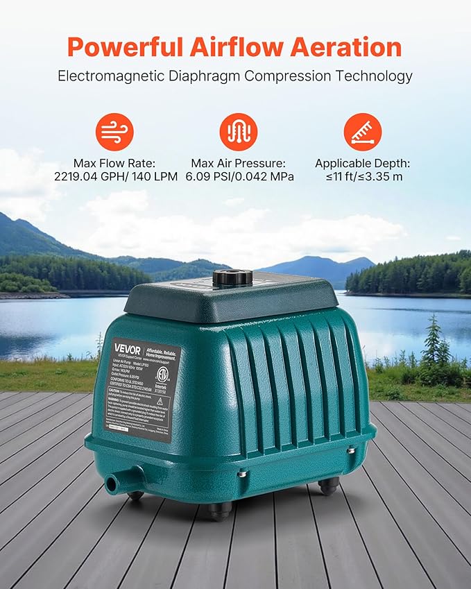 VEVOR Commercial Linear Air Pump 2219 GPH | High Output Aerator for Septic Tanks, Large Pond Aeration, Wastewater Treatment Systems | Up to 11ft Deep for Fish Farms, Hydroponics, Restaurants