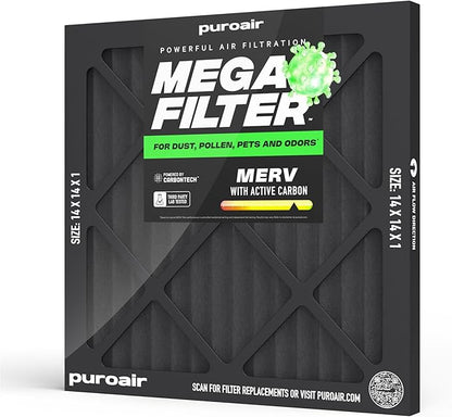 PuroAir MegaFilter - 14x14x1 Air Filter MERV 13 Activated CarbonTech Defense - Heavy Duty 3 Layer Furnace Filters Allergens, Pollen, Dust, Pet Dander, Smoke, Odors - HVAC Air Filter 14x14x1 (1-Pack)