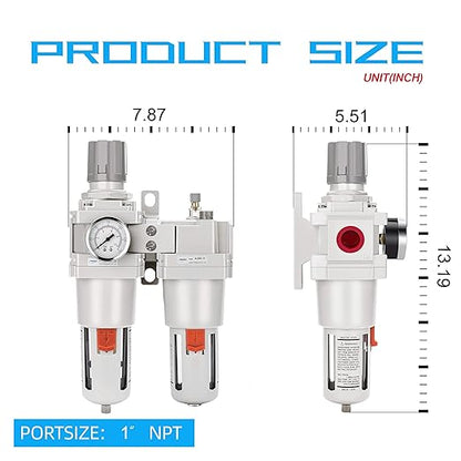 NANPU 1" NPT Compressed Air Filter Regulator Lubricator Combo (FRL) Water/Oil Trap Separator - Gauge(0-150 psi), 5 Micron Brass Element,Poly Bowl, Semi-Auto Drain, Metal Bracket