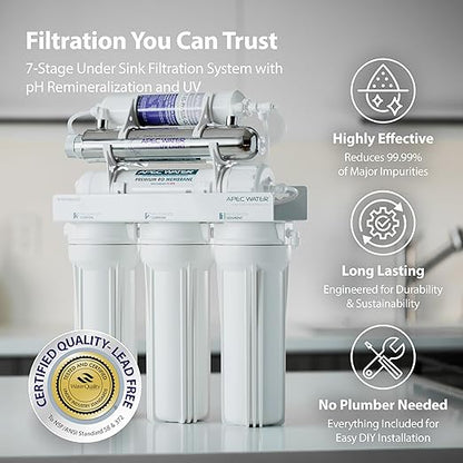 APEC Water System ROES-PHUV75 Essence Series Top Tier Alkaline Mineral pH+ and UV Ultra-Violet Sterilizer 75 GPD 7-Stage Ultra Safe Reverse Osmosis Drinking Water Filter System