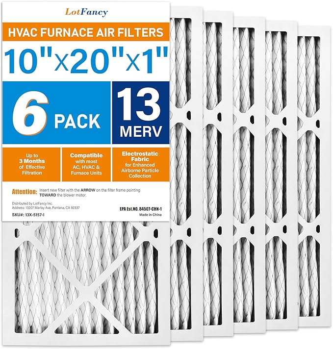 LotFancy 10x20x1 Air Filter MERV 13 6-Pack, Electrostatic Pleated HVAC Furnace Air Filter, Captures Pet Dander Smog Smoke, Actual Size: 9.75"x19.75"x0.75"