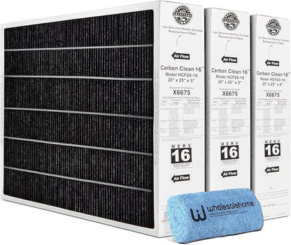 Lennox Healthy Climate Lennox X6675 20x25x5 Air Filter, Healthy Climate Carbon Clean Merv 16 Home Furnace Filter for HVAC system 3 Pack with Wholesalehome Cleaning Cloth