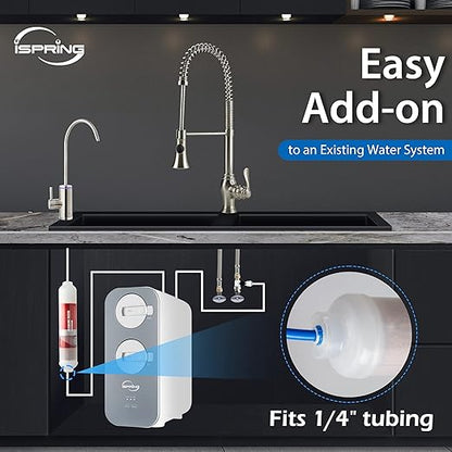 iSpring FA15 Alkaline Inline Water Filter Cartridge, 10” x 2” with 1/4” Quick Connect, NSF Certified, Add-on for RO Systems, Balances pH & Restores Minerals, 3-Layer Replacement Filter