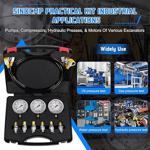 SINOCMP Hydraulic Pressure Test Kit with 3 Gauges 10/25/40 Mpa, 3 Long Hoses 6 Couplings Diagnosis Gauge Tester Set for Excavator Construction Engineering Machinery Equipment