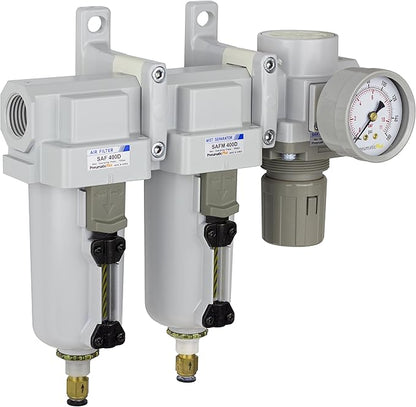 PneumaticPlus SAU430-N06DG-MEP Three Stage Air Drying System Particulate Air Filter, Coalescing Filter, Air Pressure Regulator Combo 3/4" NPT - Metal Bowl, Auto Drain, Bracket, Gauge