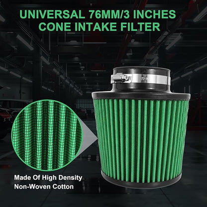 Cold Air Intake Filter High Performance Washable Filter Clamp-On Replacement Air Filter Flange Diameter 3inch/76mm Green