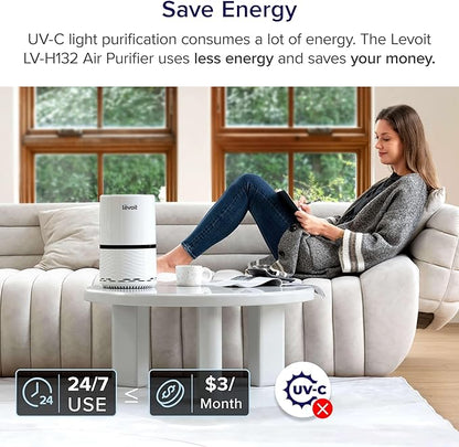 LEVOIT Air Purifier for Home, AHAM Verifide, High-Efficiency Filter for Smoke, Dust, Pollen, and Odors in Bedroom, Office, or Nursery, Optional Night Light, Quiet Operation, LV-H132, White