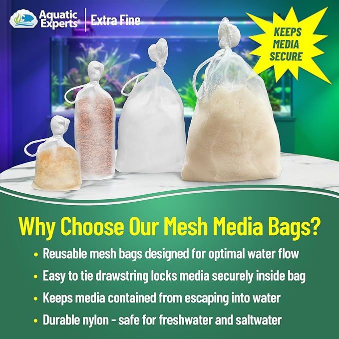 Aquatic Experts Extra Fine Aquarium Media Bag, Durable Drawstring Bags for Fish Tank Filters, 150 Micron Mesh, (Extra Fine, 3"x 4" - 4 Pack)
