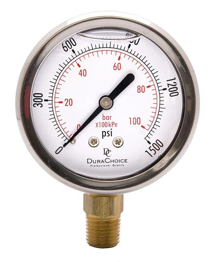 2-1/2" Oil Filled Pressure Gauge - Stainless Steel Case, Brass, 1/4" NPT, Lower Mount Connection, 0-1500PSI