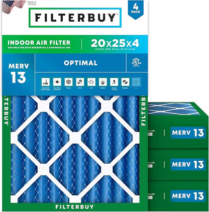 Filterbuy 20x25x4 Air Filter MERV 13 Optimal Smoke & Allergy Defense (4-Pack), Electrostatic Pleated HVAC AC Furnace Filters Replacement, Made in USA (Actual Size: 19.50 x 24.50 x 3.63)