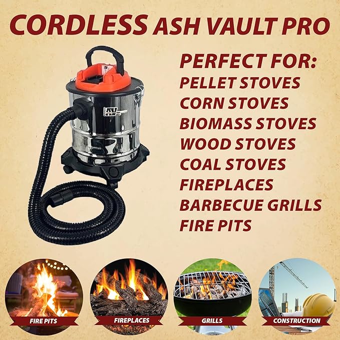 Pellethead Vault Pro Cordless Ash Vacuum – 20V Rechargeable, Dual HEPA Filters, 7-Foot Hose, Brush & Crevice Tools, Stainless Steel Body for Stoves, Fireplaces & Grills