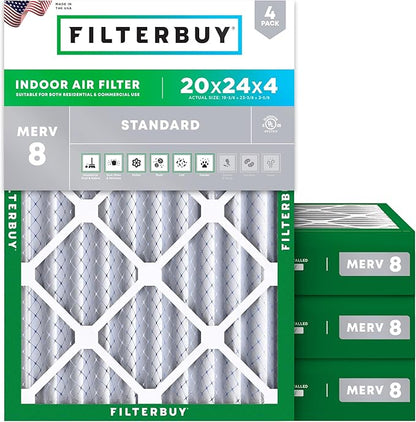 Filterbuy 20x24x4 Air Filter MERV 8 Essential Dust & Allergy Defense (4-Pack), Electrostatic Pleated HVAC AC Furnace Filters Replacement, Made in USA (Actual Size: 19.38 x 23.38 x 3.63)