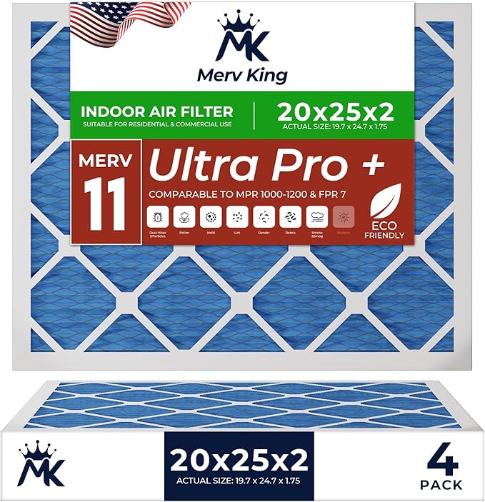 MervKing 20x25x2 Air Filter Actual Size: 19.7" x 24.7" x 1.75" MERV 11 MPR 1000-1200 | MADE IN USA | 4-Pack | Pleated HVAC AC Furnace Replacement