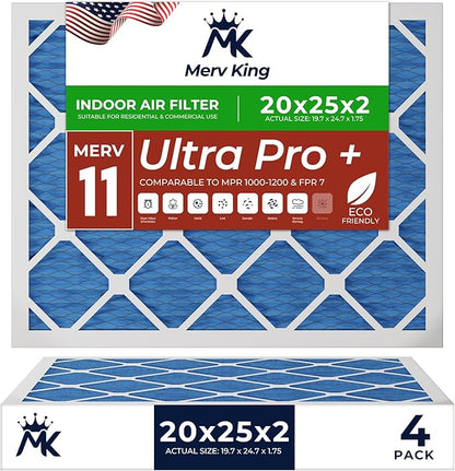 MervKing 20x25x2 Air Filter Actual Size: 19.7" x 24.7" x 1.75" MERV 11 MPR 1000-1200 | MADE IN USA | 4-Pack | Pleated HVAC AC Furnace Replacement