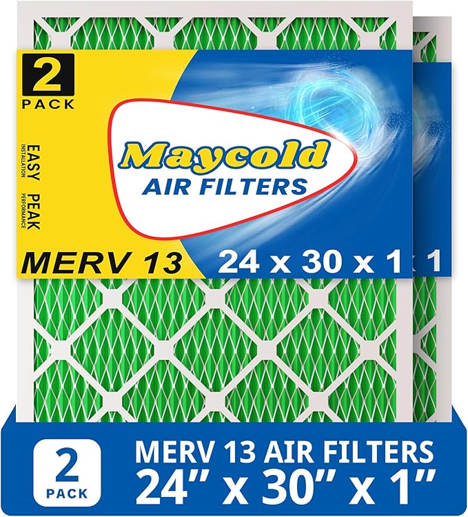 Maycold 24x30x1 MERV 13 Furnace Air Filter (2-Pack), High-Performance HVAC AC Filters for Home Use, Actual Size: 23.7" x 29.7" x 0.75", Individually Wrapped in Plastic