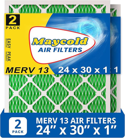 Maycold 24x30x1 MERV 13 Furnace Air Filter (2-Pack), High-Performance HVAC AC Filters for Home Use, Actual Size: 23.7" x 29.7" x 0.75", Individually Wrapped in Plastic