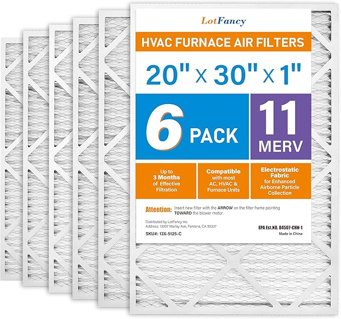LotFancy 20x30x1 Air Filter MERV 11 6-Pack, Electrostatic Pleated AC Furnace Air Filter, Captures Dust, Smog & Pet Dander, Actual Size: 19.75"x29.75"x0.75"