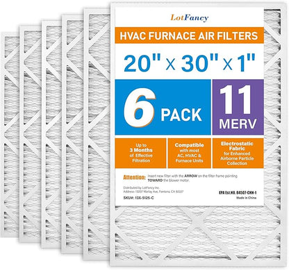 LotFancy 20x30x1 Air Filter MERV 11 6-Pack, Electrostatic Pleated AC Furnace Air Filter, Captures Dust, Smog & Pet Dander, Actual Size: 19.75"x29.75"x0.75"